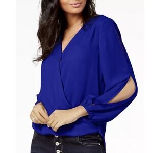 NWT INC Royal Blue VNeck Faux Wrap Long Sleeve High-Low Blouse XS